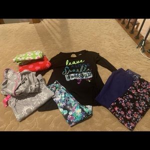 Girls size 10 (1 justice out fit, leggings, pjs)